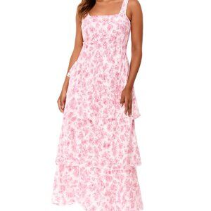 Pink Floral Tiered Ruffle Sundress Adjustable Straps Empire Waist Size Medium